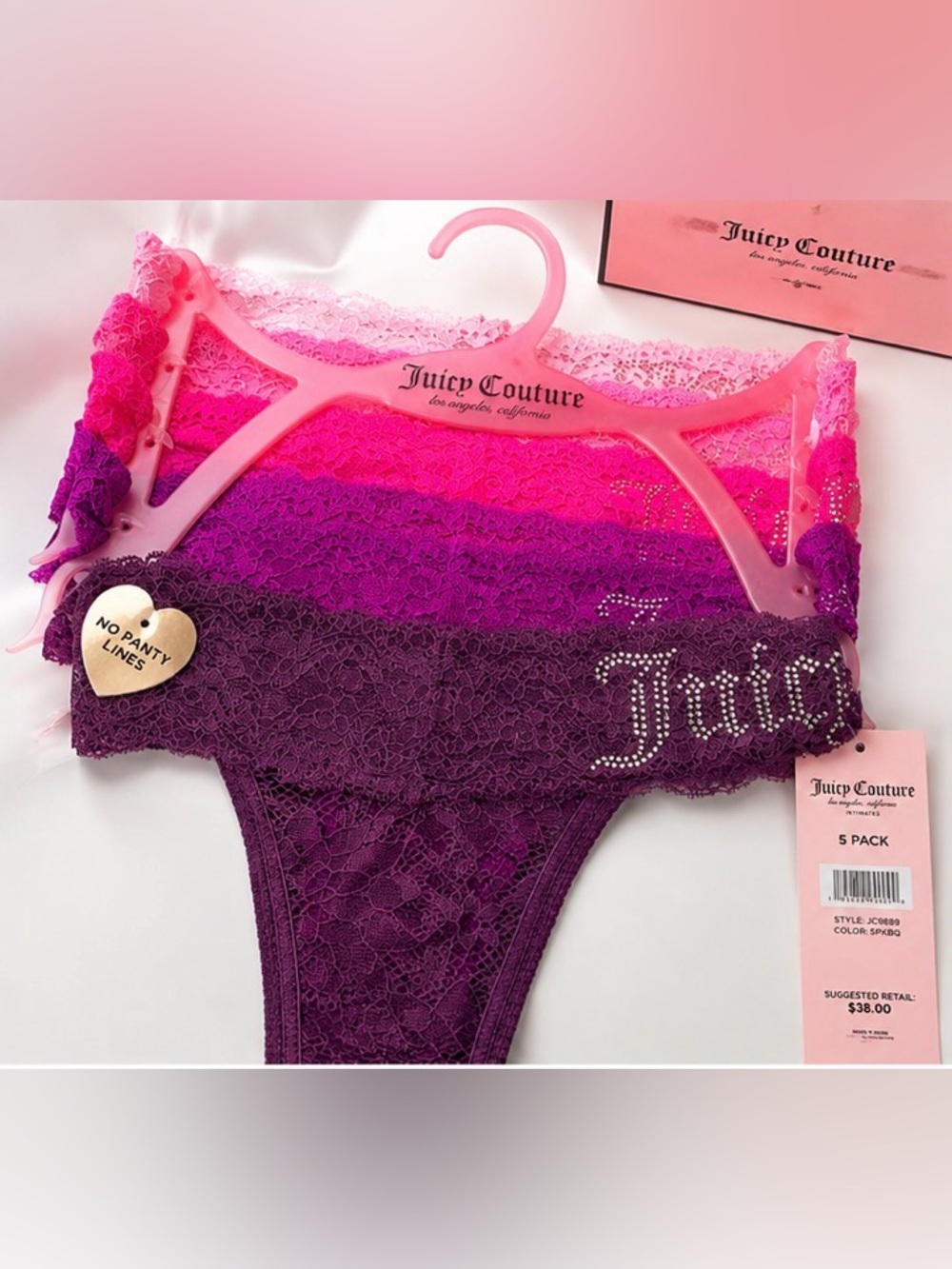 Juicy Couture Lace Bikini Panty Set in 3 shades of pink, and 2 shades of Plum